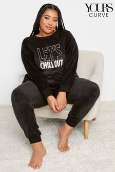 Yours Curve Black Lets Chill Out Fleece Lounge Set (N34277) | 153 QAR