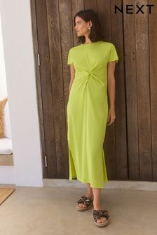 Lime Green Twist Short Sleeved T-Shirt Summer Dress (N34329) | 124 SAR