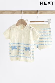 White/Blue Stripe Baby Knitted Top and Shorts Set (0mths-2yrs) (N34590) | 99 QAR - 109 QAR