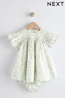 Green Ditsy Floral Woven Baby Dress And Knicker Set (0mths-2yrs) (N34651) | €31 - €34