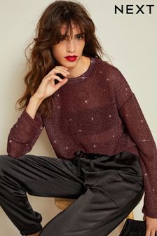 Berry Red Crochet Mesh Sparkle Sheer Long Sleeve Top (N34671) | €18