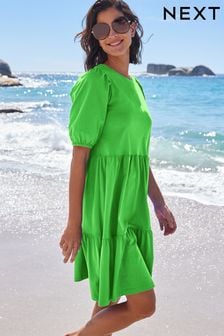 Green Cotton Short Puff Sleeve Tiered Mini Dress (N34701) | €14