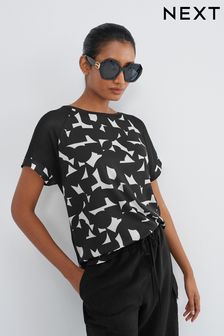 黑色／粉色幾何花紋 - 混合梭織連肩短袖T恤 (N34703) | NT$930