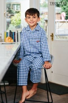 Trotters London Denim Blue Gingham Henry Car Cotton Pyjamas (N35043) | kr1 060 - kr1 140