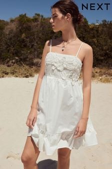 White - Crochet Mix Mini Summer Dress (N35137) | kr910