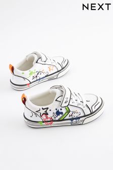 White Doodle Graffiti Standard Fit (F) Touch Fastening Chevron Trainers (N35308) | EGP547 - EGP669