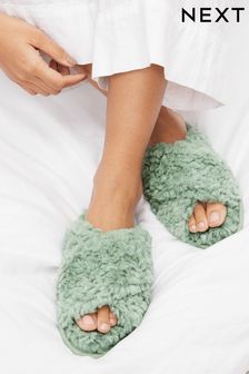 Sage Green Recycled Faux Fur Crossover Slider Slippers (N35361) | SGD 23
