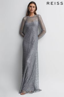 Reiss Gunmetal Kirsten Halston Embellished Lattice Maxi Dress (N35567) | €1,085