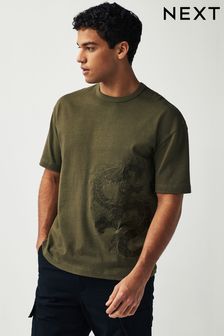 Khaki Green Dragon Embroidered Heavyweight Relaxed T-Shirt (N35886) | SGD 37