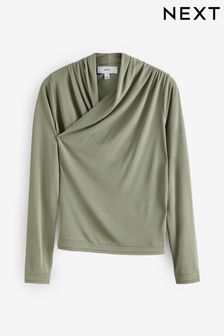 Khaki Green Wrap Neck Modal Rich Long Sleeve Top (N36005) | kr390