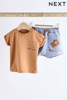 Mornarsko modra/rjava z medvedom - 2-delni komplet majice s kratkimi rokavi in kratkih hlač za dojenčke (N36012) | €14 - €17