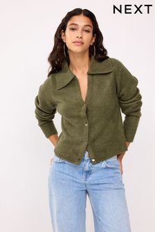 Zielony khaki - Sweter z kołnierzykiem zapinany na guziki (N36346) | 105 zł