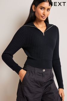 Schwarz - Rippenstrick-Pullover mit Reißverschlusskragen (N36355) | 25 €