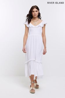 River Island White Bardot Frill Midaxi Dress (N36421) | €26
