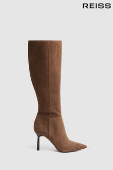 Reiss Tan Gracyn Leather Knee High Heeled Boots (N36447) | 225,540 Ft