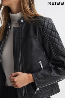Reiss Black Adelaide Leather Collarless Quilted Jacket (N36461) | 3,045 SAR
