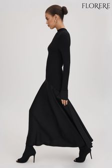 أسود - فستان متوسط الطول ستان منسوج Florere (N36476) | 1,077 د.إ