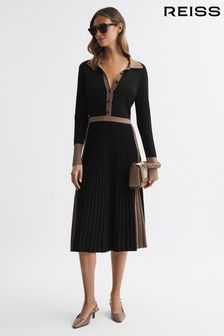 Reiss Black/Camel Mia Knitted Colourblock Pleated Midi Dress (N36488) | $421