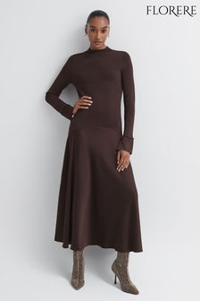 Çikolata - Florere Örme Saten Midi Elbise (N36491) | ₺ 4,568