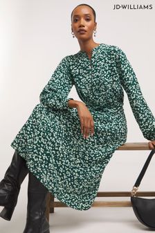 Rochie cămașă midi cu cuarț frontal și fermoar în față JD Williams Verde Imprimeuri (N36697) | 233 LEI