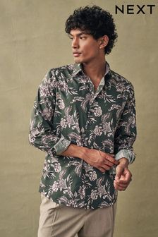 Olive Green/Neutral Brown Floral Slim Fit Printed Trimmed Shirt (N37265) | ₪ 124