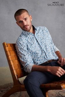 White/Blue Floral Bird Single Cuff Signature Trimmed Shirt (N37266) | $63