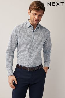 White/Navy Blue Geometric Regular Fit Easy Iron Button Down Oxford Shirt (N37588) | $36