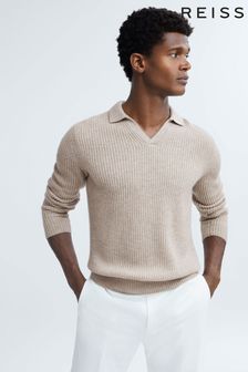 Reiss Oatmeal Melange Laird Atelier Cashmere Ribbed Open-Collar Top (N37697) | €378