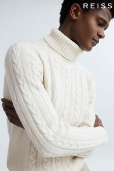 Reiss Cloud White James Atelier Cashmere Cable Knit Funnel Neck Jumper (N37700) | OMR261