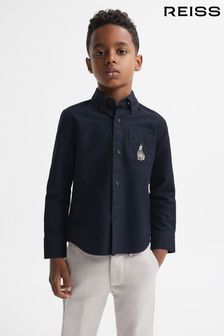 Reiss Navy Matis Senior Slim Fit Button-Down Collar Motif Shirt (N37708) | kr620