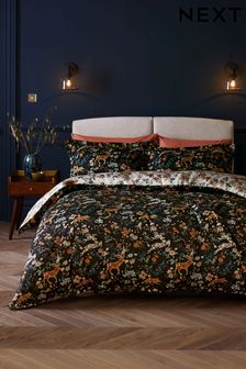 Black 200TC Sateen Cotton Reversible Winter Floral Stag Duvet Cover and Pillowcase Set (N37752) | ₪ 148 - ₪ 246