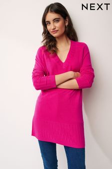 Pink Cosy V-Neck Long Sleeve Longline Tunic Jumper (N37959) | AED52