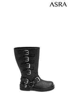Črni usnjeni škornji z več zaponkami pod koleni Asra London Cantaloupe (N38010) | €85