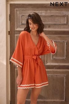 Brown/Orange Wrap Rik Rak Belted Playsuit (N38118) | €37