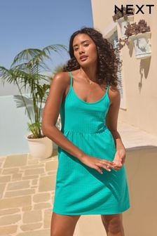 Teal Blue Cotton Seersucker Mini V-Neck Cami Summer Dress (N38124) | SGD 33