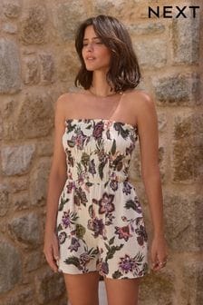 White Floral Bandeau Shirred 100% Cotton Playsuit (N38181) | €33