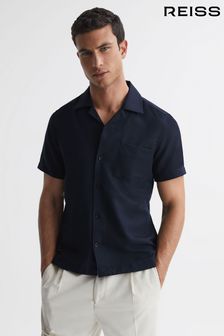 Marineblau - Reiss Tokyo Hemd mit kubanischem Kragen und Knopfleiste (N38216) | 137 €