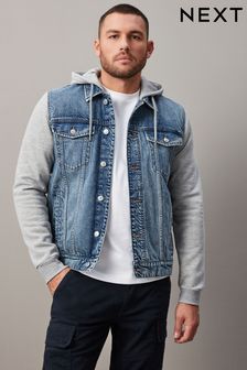Denim Jacket With Jersey Sleeve And Hood