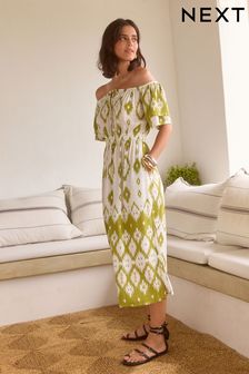 White/Green Off Shoulder Summer Dress (N38810) | 130 QAR