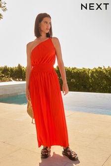 Red Plisse One Shoulder Dress (N38855) | $73
