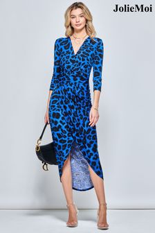 Jolie Moi Blue Print Wrap Front Bodycon Maxi Dress