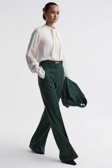 Reiss Bottle Green Jade Wide Wide Leg Wool Blend Mid Rise Suit Trousers (N39437) | OMR126