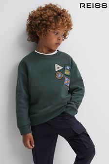 Reiss Forest Green Lucas Junior Relaxed Fit Patch Crew Neck Jumper (N39459) | 291 SAR