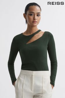 Reiss Green Myla Cotton Cut-Out Long Sleeve Top (N39465) | OMR51