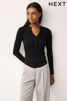 Ribbed Button Detail Long Sleeve Henley Top