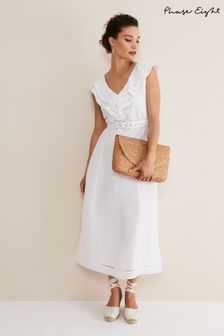 Phase Eight Julieta Frill Broderie Linen White Midi Dress (N40038) | €64
