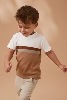 Tan Brown Short Sleeve Textured Stripe T-Shirt (3mths-7yrs) (N40068) | AED29 - AED39