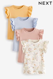 Rosa/Azul/Amarillo - Pack de 4 camisetas con mangas con volantes florales (3-16años) (N40123) | 25 € - 33 €