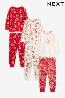 Red/Cream Bunny 3 Pack Long Sleeve Printed Pyjamas (9mths-12yrs) (N40166) | SGD 48 - SGD 64