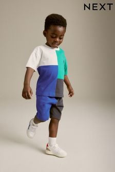 Modre/zelene - Komplet majice s kratkimi rokavi z barvnimi bloki in kratkih hlač (3 mesecev–7 let) (N40218) | €13 - €19